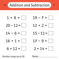 Addition and Subtraction. Number range up to 20. Mathematics. Math worksheet for kids. Solve examples and write. Developing numeracy skills