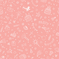Hand drawn party seamless pattern. Cute doodle background. Birthday theme. Happy Birthday