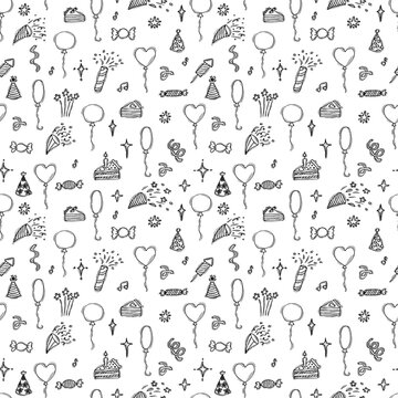 Hand drawn party seamless pattern. Birthday theme. Cute doodle background. Happy Birthday