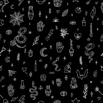 Magical hand drawn seamless pattern. Doodle boho style. Witchcraft print. Halloween. Mystical esoteric background