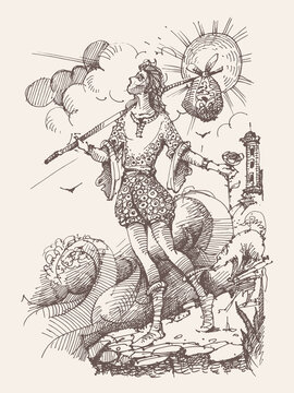 Tarot cards. Fool. A man with a bag and a rose over an abyss. Line drawing