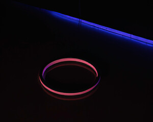 light rings, pink and blue, magenta and turquoise with reflections on the floor, black background, moving light rings