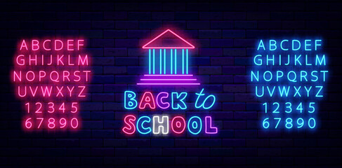 Back to school neon greeting card. School and academy building. Shiny pink and blue alphabet. Vector illustration - obrazy, fototapety, plakaty