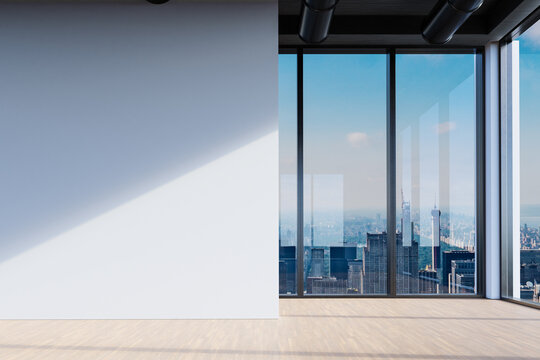 large office with blank white wall and copy space in front of panoramic window skyline view, 3D Illustration