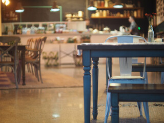 a brunch restaurant table with out of focus background