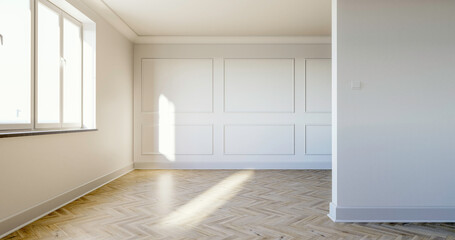Wnętrze, pusty pokój z białymi ścianami i ozdobnymi sztukateriami. Dębowa klasyczna podłoga....