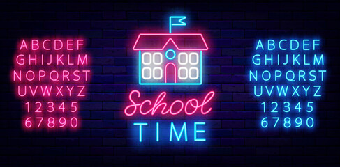School time neon greeting card. Academy building. Shiny pink and blue alphabet. Education design. Vector illustration