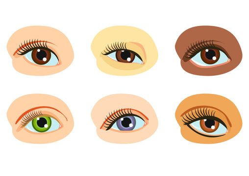 The human eye. Eyes, different in color, shape and race, vector set.