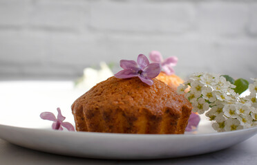 Delicious cupcakes with flowers on a light background
