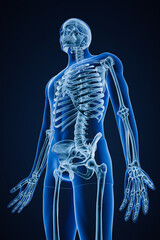 Xray image of low angle anterior or front view of accurate human skeletal system or skeleton with male body contours on blue background 3D rendering illustration. Anatomy, osteology concept.