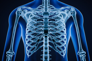 Anterior or front view of accurate human rib cage close-up with adult male body contours on blue background 3D rendering illustration. Anatomy, science, medical, osteology concept.