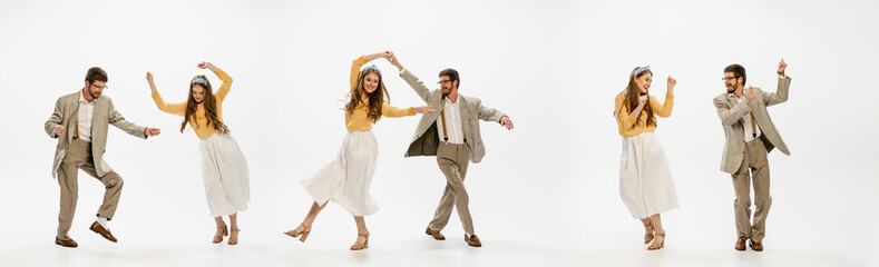 Collage. Portraits of cheerful young couple in stylish retro costumes dancing, having fun isolated over white studio background