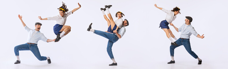 Collage. Young beautiful couple, man and woman, dancing retro dance isolated over white studio...