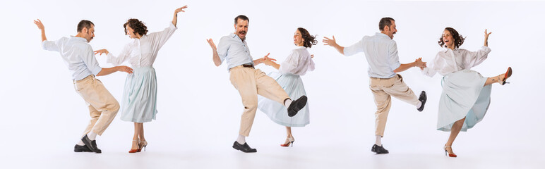 Collage. Young beautiful couple, man and woman in elegant retro clothes dancing isolated over white...