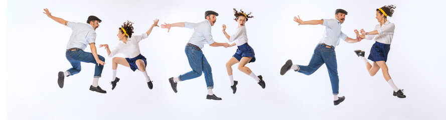 Collage. Stylish young man and woman dancing, posing isolated over white studio background. 60s...