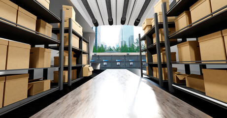 Logistics and merchandise warehouse with parcel shelves for shipment. Concept of business, commerce and distribution centers. 3D illustration. - obrazy, fototapety, plakaty