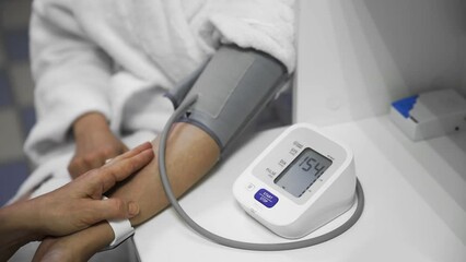 4K. A woman checks her blood pressure using a blood pressure and heart rate monitor with a digital pressure gauge in a hospital.