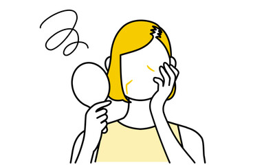 女性のAGA・薄毛、抜け毛を鏡で見て落ち込む女性