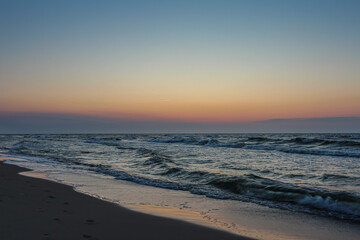Beautiful sunset on the Polish beach in Międzywodzie.10 August 2020