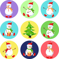 Set of colorful stickers with cute cartoon snowmen.