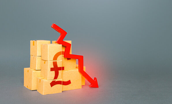 Boxes with british pound sterling symbol and down arrow. The fall in the production of goods. Worsening trade. Decrease in stocks of products. Embargo, sanctions. Low consumption. Economic slowdown