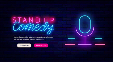 Stand up comedy neon flyer. Microphone icon. Comedian show. Website landing page template. Vector illustration - obrazy, fototapety, plakaty