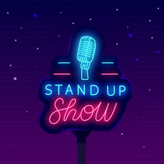 Stand up show neon signboard. Shiny street billboard. Microphone icon. Comedian show. Vector stock illustration