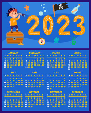 Calendar 2023. Children's colorful calendar with a pirate design. Pirate, treasure chest, octopus, mermaid, arrot, Jolly Rodger