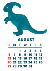 Cute dinosaur calendar template for children series. August