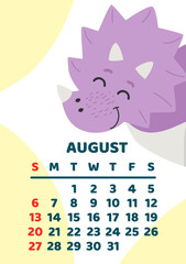 Cute dinosaur calendar vector template for children series. August