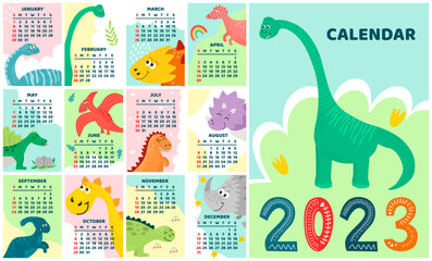Children's calendar template for 2023. Bright vertical design with abstract cute dinosaurs in a flat style. Editable vector illustration, set of 12 months with cover. Week starts on Sunday