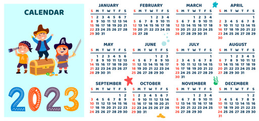 Calendar 2023. Children's colorful calendar with a pirate design. Pirates and treasure chest