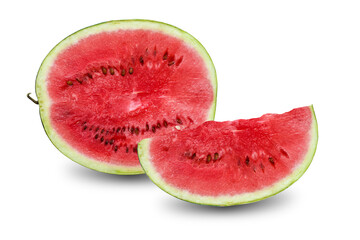 Half of a watermelon with a slice on a white background.