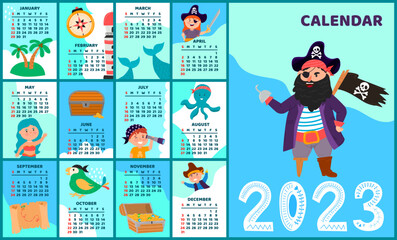 Calendar 2023. Children's colorful calendar with a pirate flat design. Pirate, treasure island, octopus, mermaid, treasure chest, parrot, Jolly Rodger