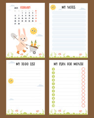 february 2023. Farm calendar for month with cute bunny farmer garden wheelbarrow with carrots and shovel. Vector set vertical templates planner, to-do list, my plan, notes. Week from Monday English.