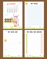 September 2023. Monthly calendar planner with cute rabbit farmer with shovel and carrots, harvesting. Vector set vertical page a4 templates to-do list, my plan and notes. Week from Monday, in English.
