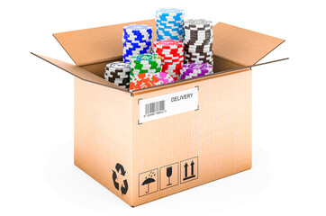 Casino tokens inside cardboard box, delivery concept. 3D rendering