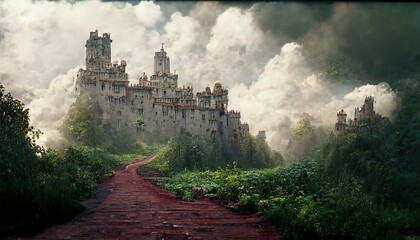 Road to the old castle. 3d rendering. - obrazy, fototapety, plakaty
