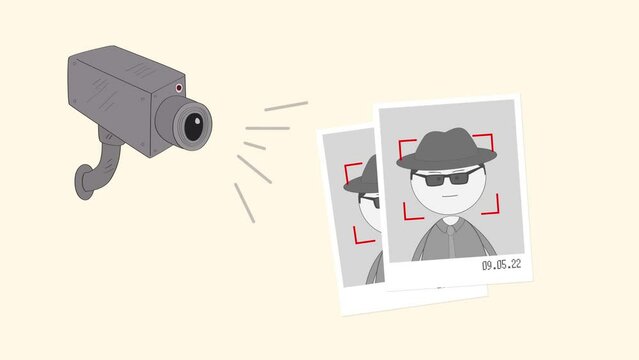 surveillance camera captures political, war criminal or spy, country security service surveillance concept, cartoon