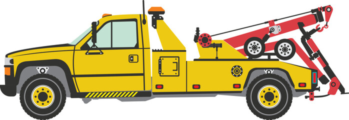 Integrated Tow Truck with winches and hoist mechanisms for freeing stuck vehicles and towing wrecked or disabled vehicles in vector illustration