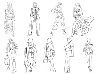 Fototapeta na wymiar Line art fashion illustrations of models
