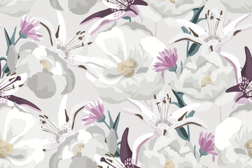 Vector floral seamless pattern. White and violet flowers on a milky background.