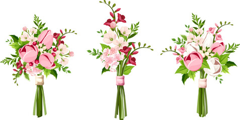 Bouquets of pink and white tulip flowers, freesia flowers, and cherry blossoms isolated on a white background. Set of vector illustrations