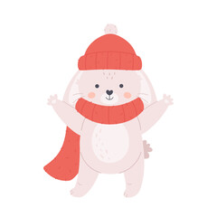 Cute white bunny in scarf and hat. Hello winter, wintertime. Year of the Rabbit. Happy holidays. Hand drawn vector illustration