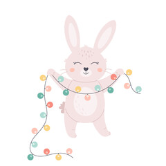 Cute white bunny with garland. Merry Christmas and Happy New Year. Year of the Rabbit. Winter holidays. Hand drawn vector illustration