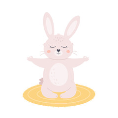 Cute white bunny meditating in lotus pose. Animal yoga, relaxation, meditation. World yoga day. Hand drawn vector illustration