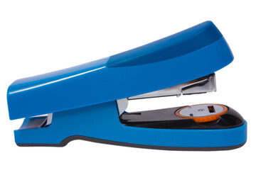 Single blue stapler isolated on white background