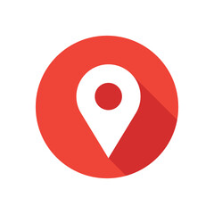 Location flat icon on round button in long shadow style.