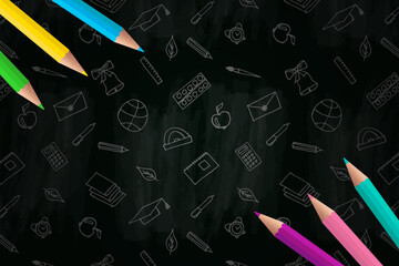 School background with colored pencils and blackboard