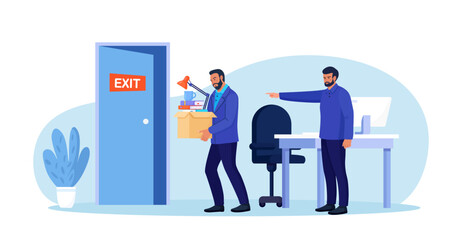 Bankrupt boss dismisses employee. Fired sad person leaves the office with stuff in box in his hands. Financial crisis and unemployment. Dismissal and jobless, layoff. Job loss due to crisis